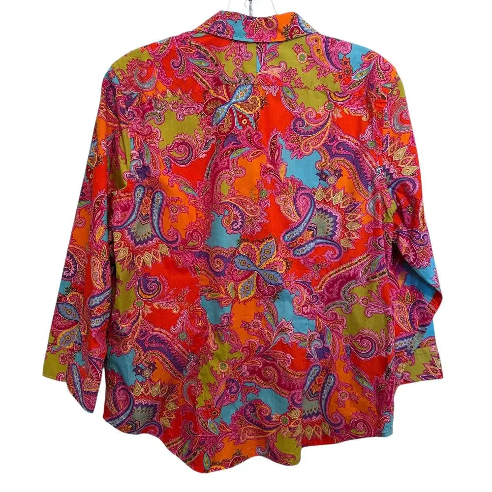 Chaps Colorful Paisley Top Womens Large LP Cotton Classic Preppy Button Shirt - Picture 5 of 8